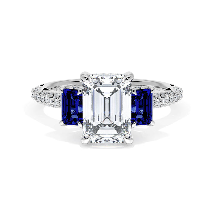Emerald 3-Stone Engagement Ring in Blue Sapphire
