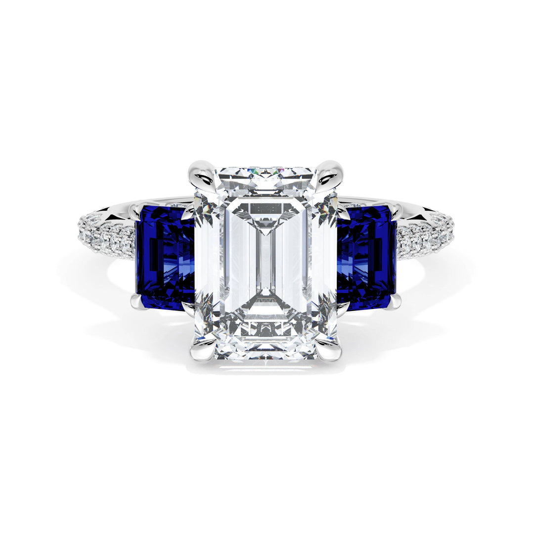 Emerald 3-Stone Engagement Ring in Blue Sapphire