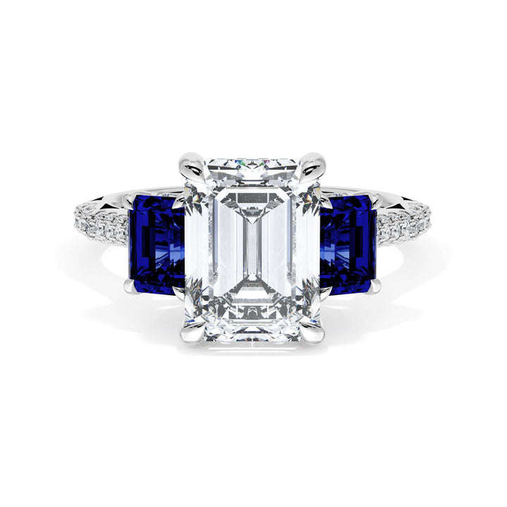 Emerald 3-Stone Engagement Ring in Blue Sapphire