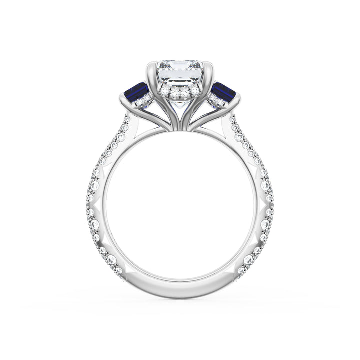 Emerald 3-Stone Engagement Ring in Blue Sapphire