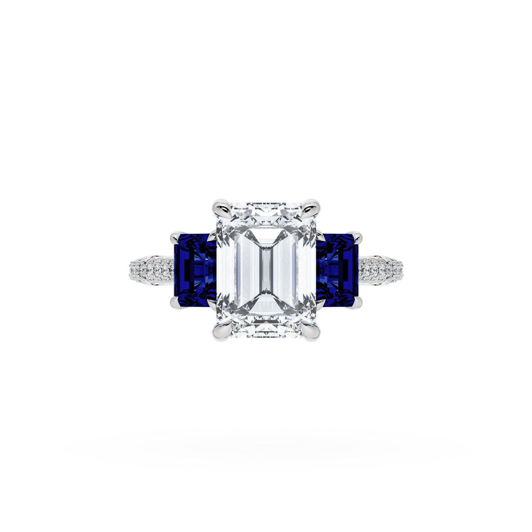 Emerald 3-Stone Engagement Ring in Blue Sapphire