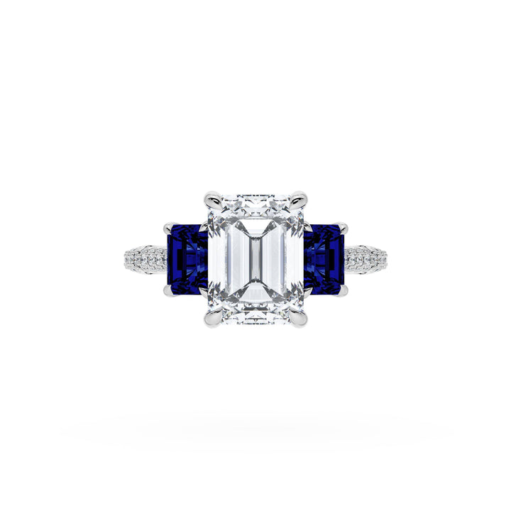 Emerald 3-Stone Engagement Ring in Blue Sapphire