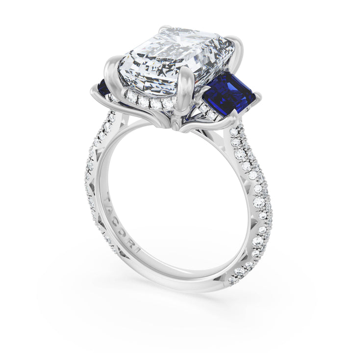 Emerald 3-Stone Engagement Ring in Blue Sapphire