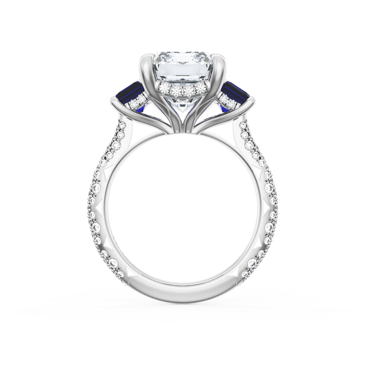 Emerald 3-Stone Engagement Ring in Blue Sapphire