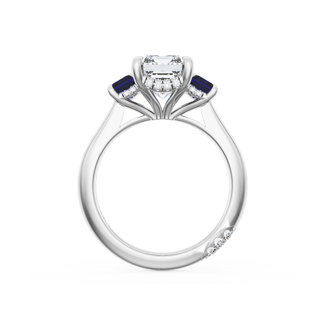Emerald 3-Stone Engagement Ring in Blue Sapphire