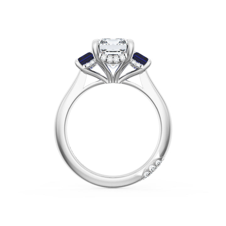 Emerald 3-Stone Engagement Ring in Blue Sapphire