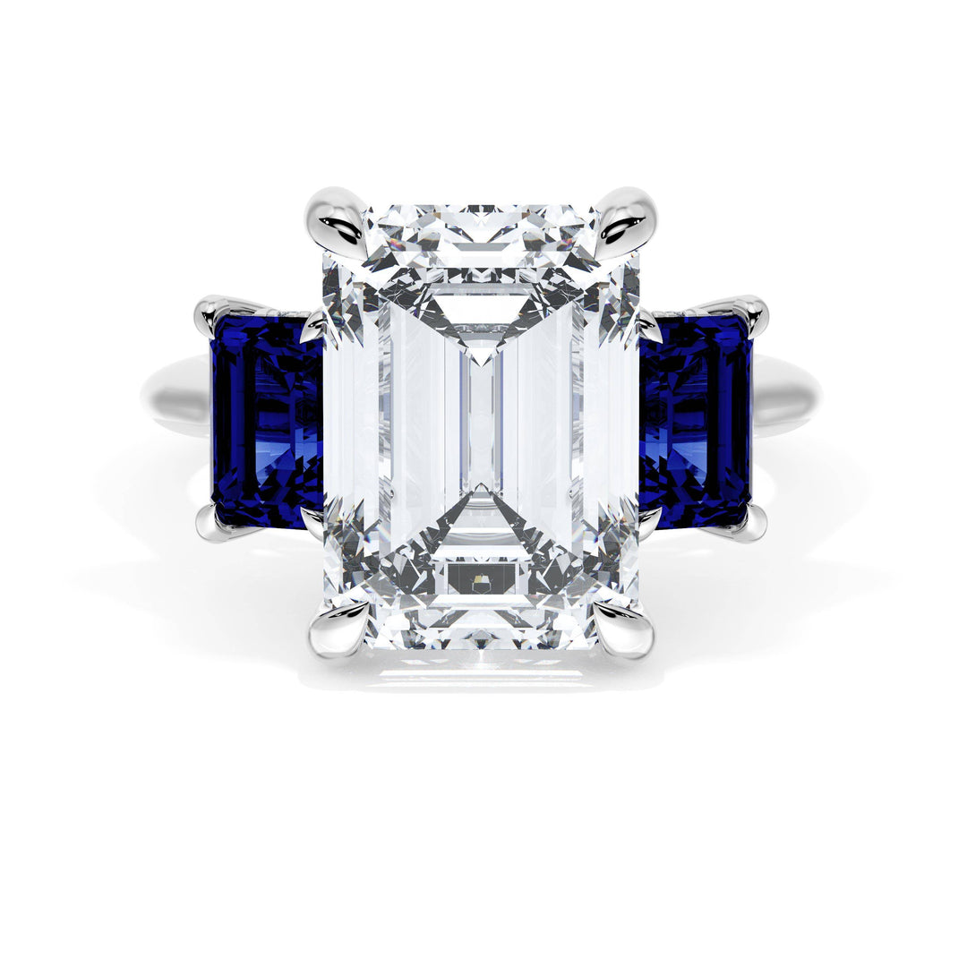 Emerald 3-Stone Engagement Ring in Blue Sapphire
