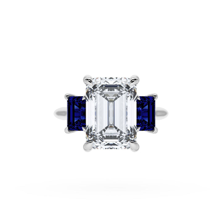 Emerald 3-Stone Engagement Ring in Blue Sapphire
