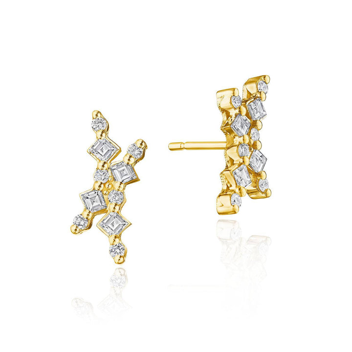 Carré and Round Diamond Stud Earrings in 18kt Yellow Gold