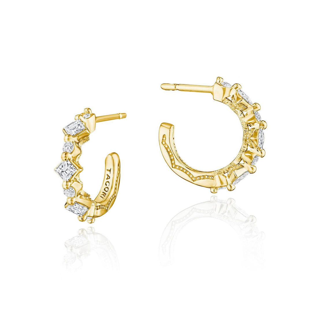Carré and Round Diamond Hoop Earrings in 18kt Yellow Gold