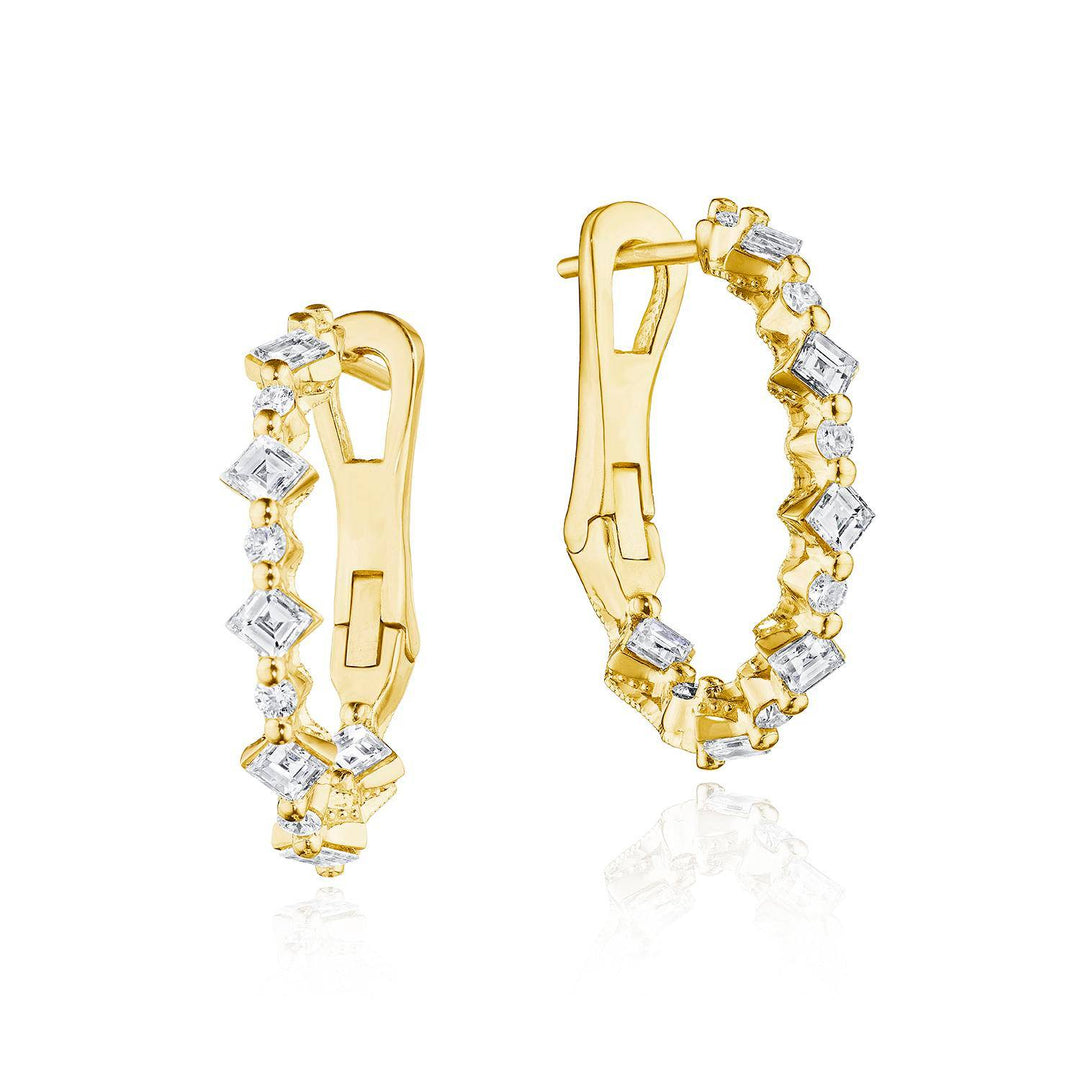 Carré and Round Small Diamond Hoop Earrings in 18kt Yellow Gold