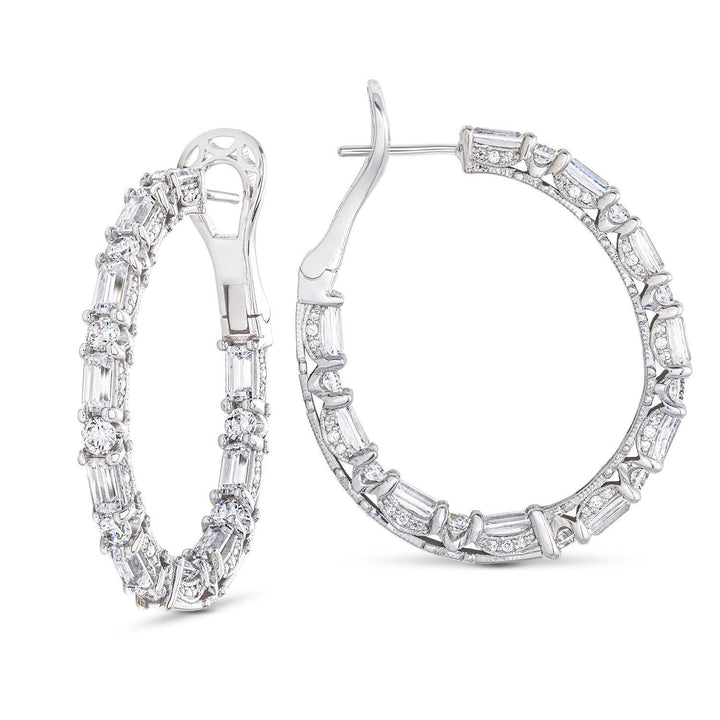 Baguette and Round Cut Oval Diamond Hoop Earrings