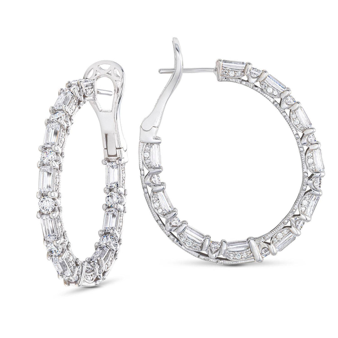 Baguette and Round Cut Oval Diamond Hoop Earrings