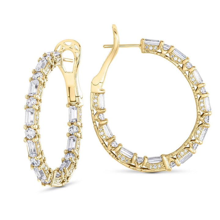 Baguette and Round Cut Oval Diamond Hoop Earrings