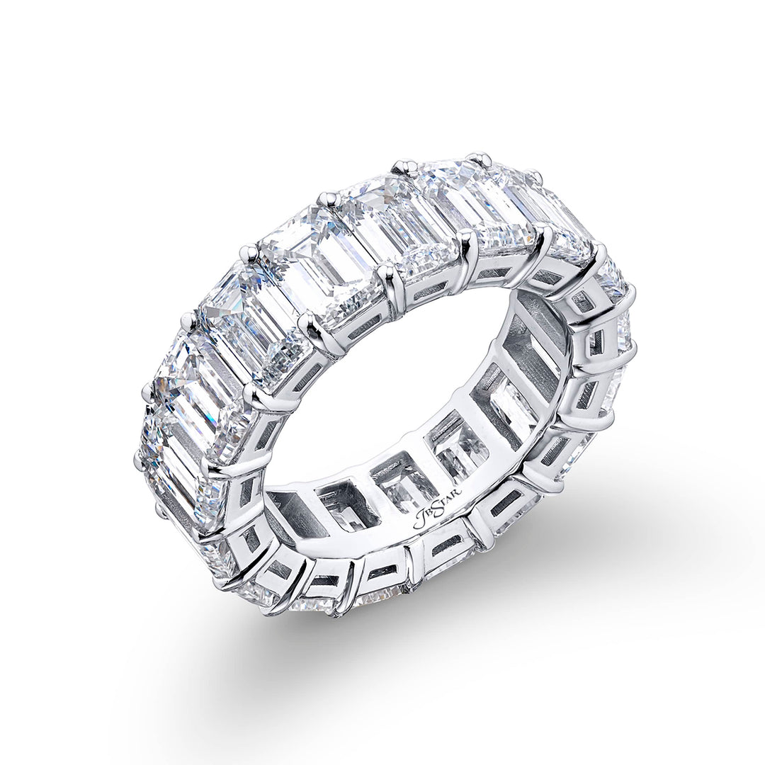 Beautiful eternity band featuring 17 GIA certified emerald-cut diamonds in a shared prong setting. Handcrafted in pure platinum.