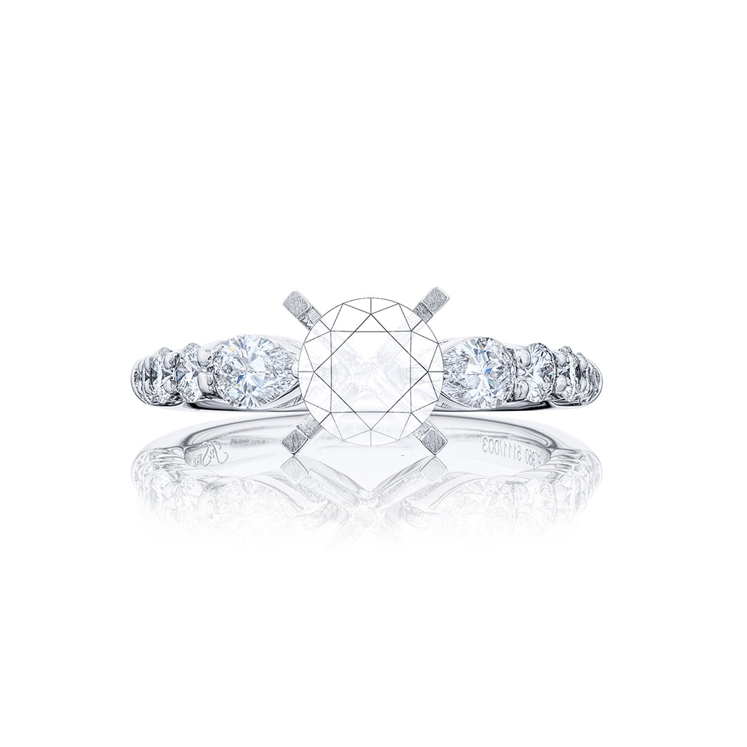 Dazzling Brilliance: Our timeless Diamond Semi-mount. These two pear-shaped diamonds accompanied by eight beautiful round diamonds are handcrafted in pure platinum.