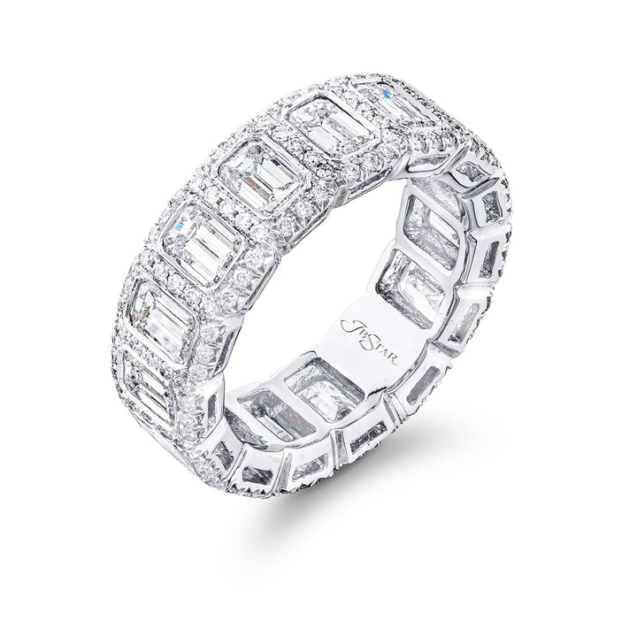 An exquisite diamond eternity band adorned with 14 emerald-cut diamonds securely bezel-set within a round pave design. This gorgeous piece is meticulously handcrafted from pure platinum showcasing exceptional craftsmanship and timeless elegance
