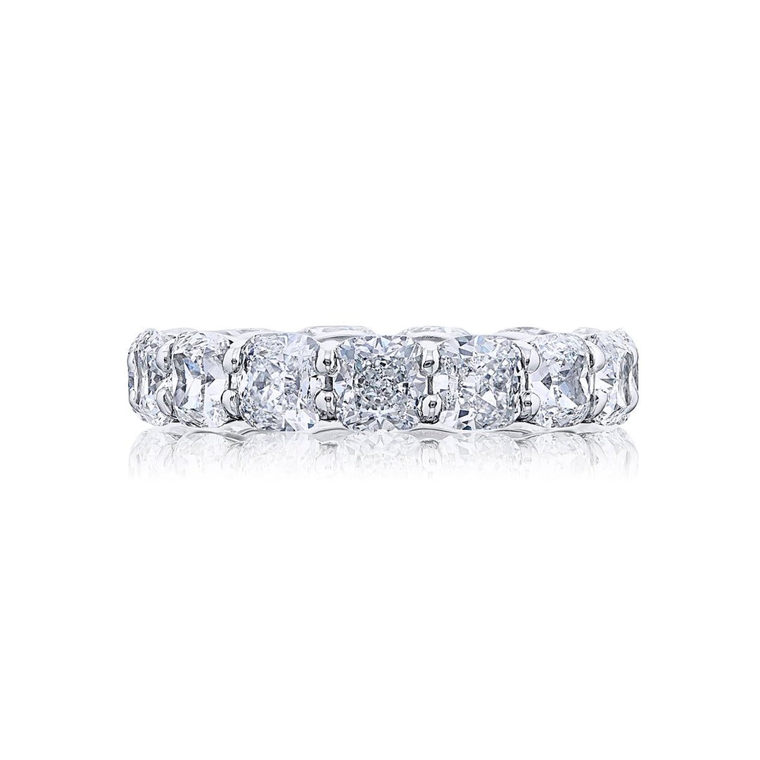 Alluring Eternity: Our beautiful single-row Diamond Eternity Band. These fifteen certified cushion-cut diamonds are handcrafted in pure platinum.