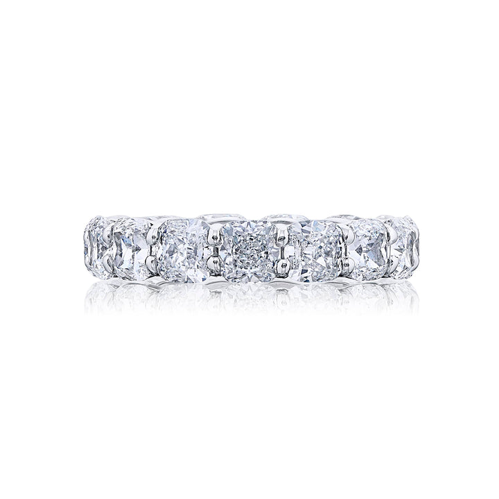 Alluring Eternity: Our beautiful single-row Diamond Eternity Band. These fifteen certified cushion-cut diamonds are handcrafted in pure platinum.