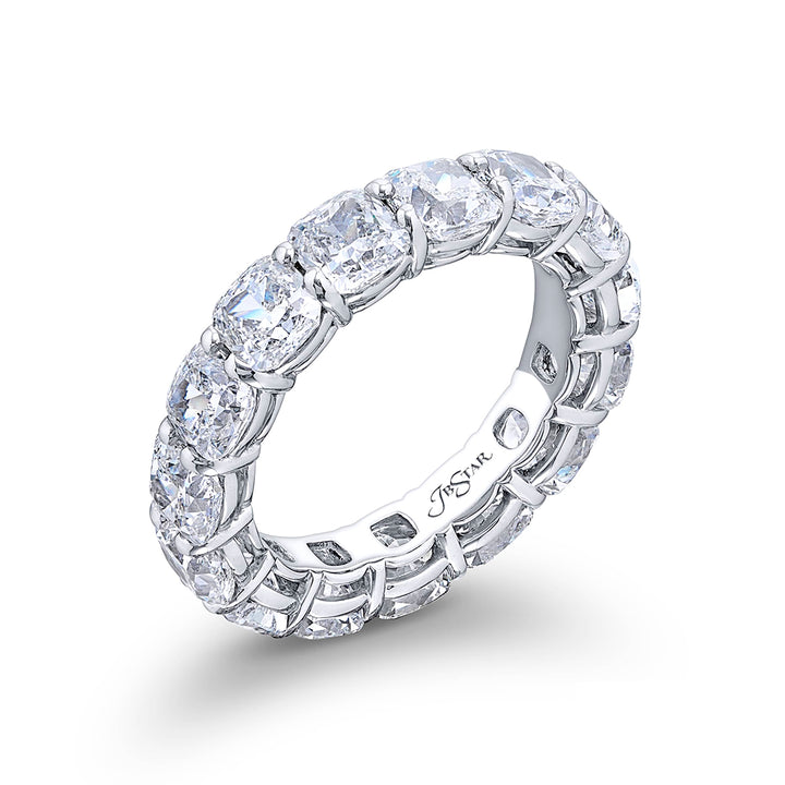 Alluring Eternity: Our beautiful single-row Diamond Eternity Band. These fifteen certified cushion-cut diamonds are handcrafted in pure platinum.