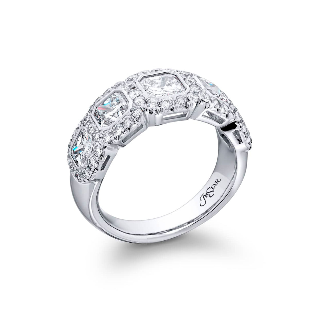 Elegance Elevated: Our stunning 2.22 ctw. Bezel Diamond Band. These beautiful radiant-cut diamonds blended with round diamonds are handcrafted in pure platinum.