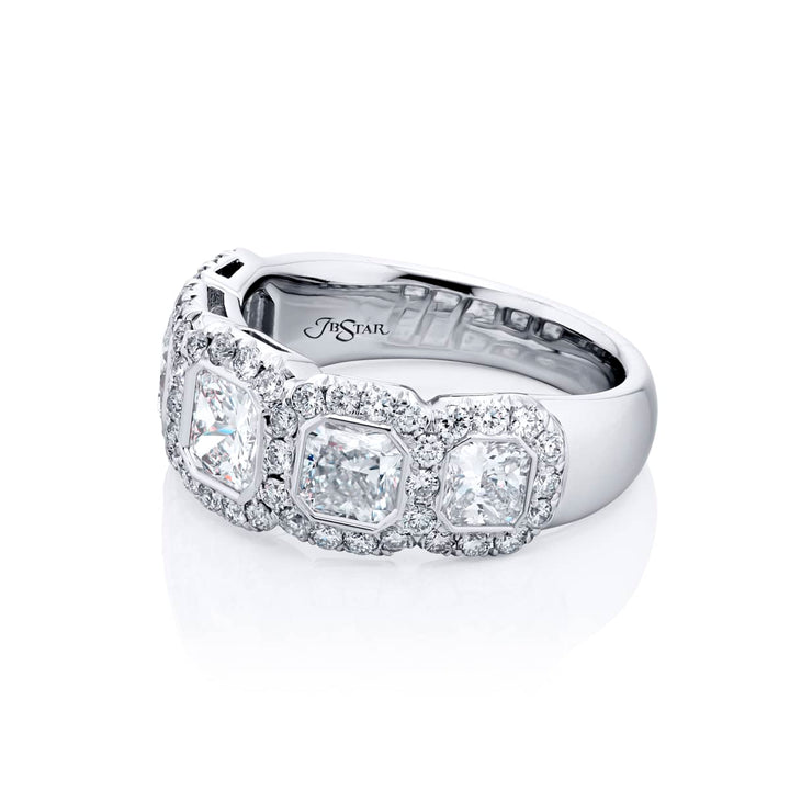 Elegance Elevated: Our stunning 2.22 ctw. Bezel Diamond Band. These beautiful radiant-cut diamonds blended with round diamonds are handcrafted in pure platinum.