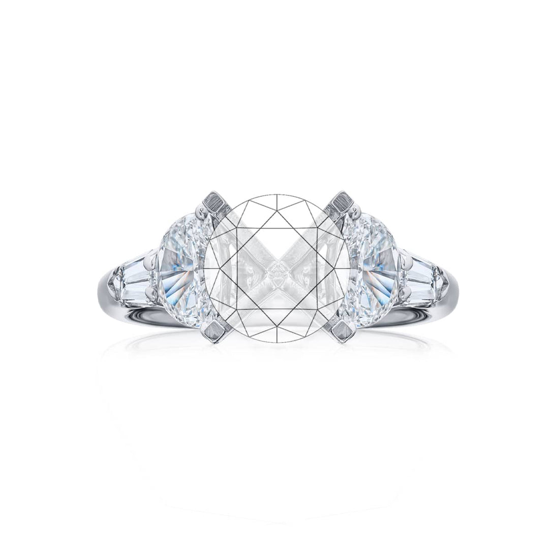 Dazzling Brilliance: Our stunning Diamond Semi-mount. These two half-moon diamonds accompanied by two stunning bullet diamonds are handcrafted in pure platinum.