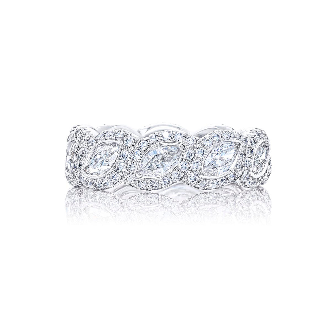 Dazzling diamond eternity band featuring 10 perfectly matched marquise diamonds bezel-set and edged in micro pave. Handcrafted in pure platinum.