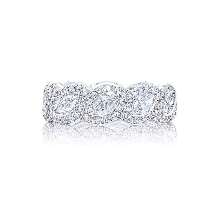 Dazzling diamond eternity band featuring 10 perfectly matched marquise diamonds bezel-set and edged in micro pave. Handcrafted in pure platinum.