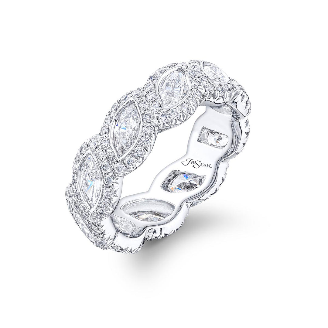 Dazzling diamond eternity band featuring 10 perfectly matched marquise diamonds bezel-set and edged in micro pave. Handcrafted in pure platinum.