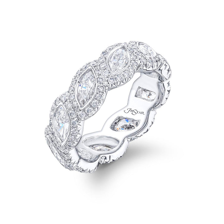 Dazzling diamond eternity band featuring 10 perfectly matched marquise diamonds bezel-set and edged in micro pave. Handcrafted in pure platinum.