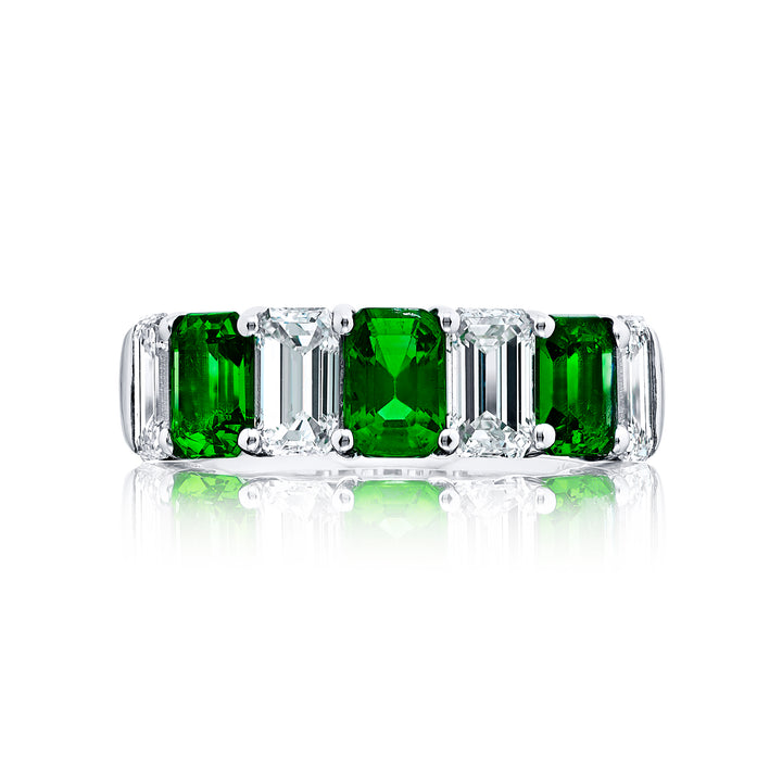 Platinum Emerald-Cut Emerald and Diamond Band