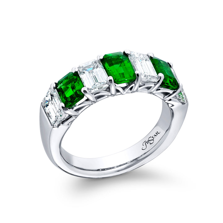 Platinum Emerald-Cut Emerald and Diamond Band