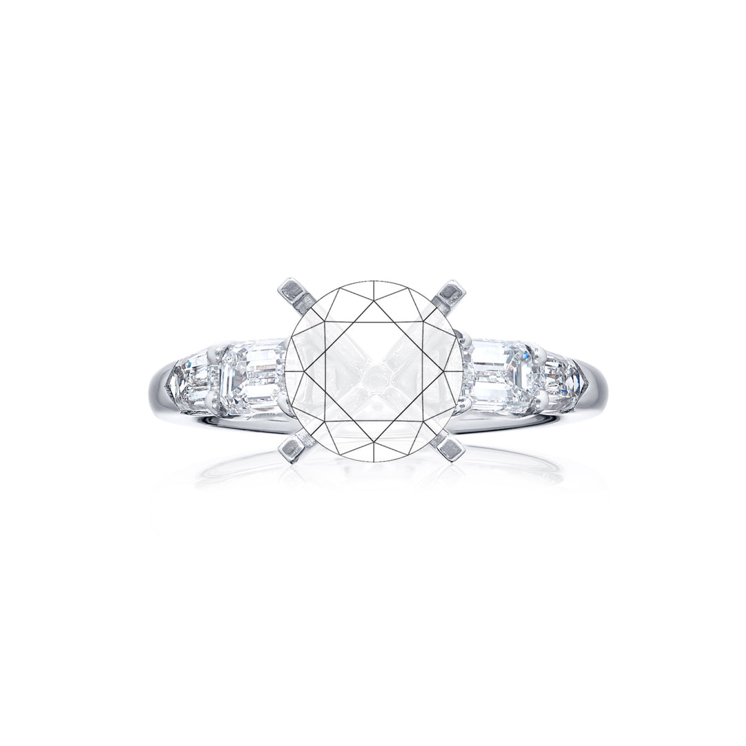 Dazzling Brilliance: Our timeless Diamond Semi-mount. These two emerald-cut diamonds accompanied by two beautiful bullet diamonds are handcrafted in pure platinum.