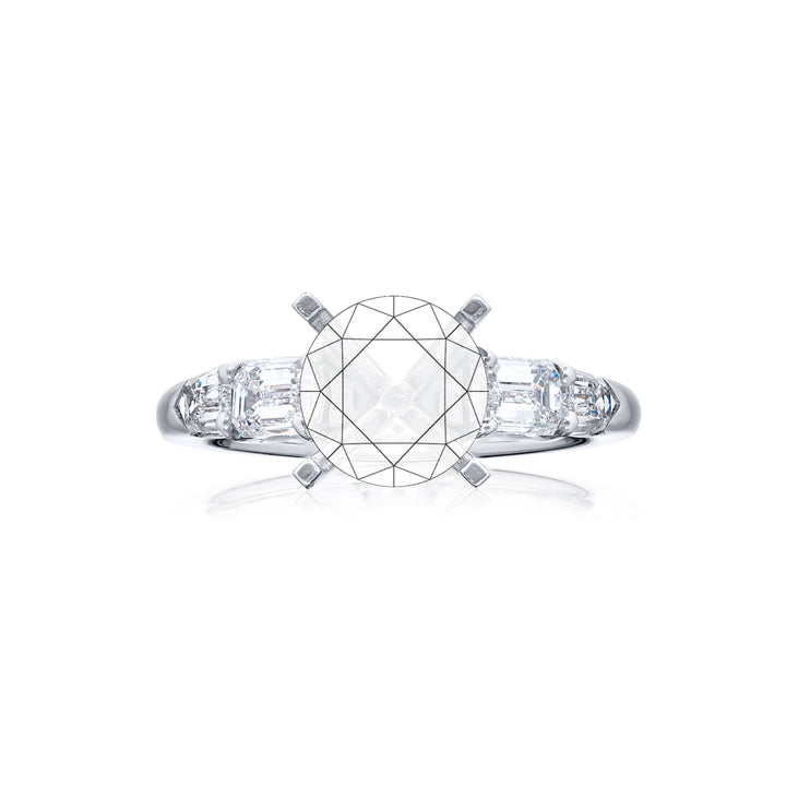 Dazzling Brilliance: Our timeless Diamond Semi-mount. These two emerald-cut diamonds accompanied by two beautiful bullet diamonds are handcrafted in pure platinum.