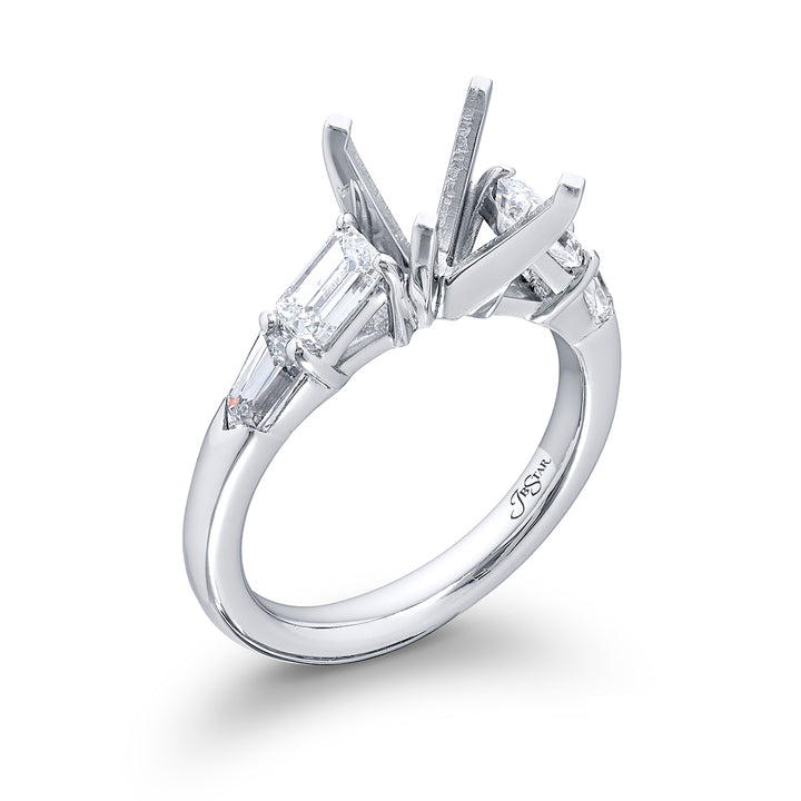 Dazzling Brilliance: Our timeless Diamond Semi-mount. These two emerald-cut diamonds accompanied by two beautiful bullet diamonds are handcrafted in pure platinum.