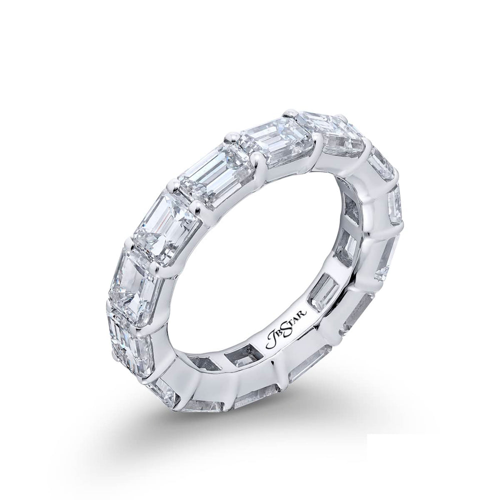 Alluring Eternity: Our stunning single row East-West Diamond Eternity Band. These fourteen emerald-cut diamonds are handcrafted in pure platinum.