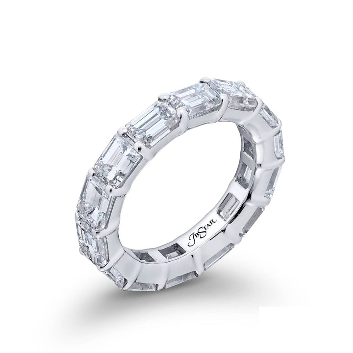 Alluring Eternity: Our stunning single row East-West Diamond Eternity Band. These fourteen emerald-cut diamonds are handcrafted in pure platinum.
