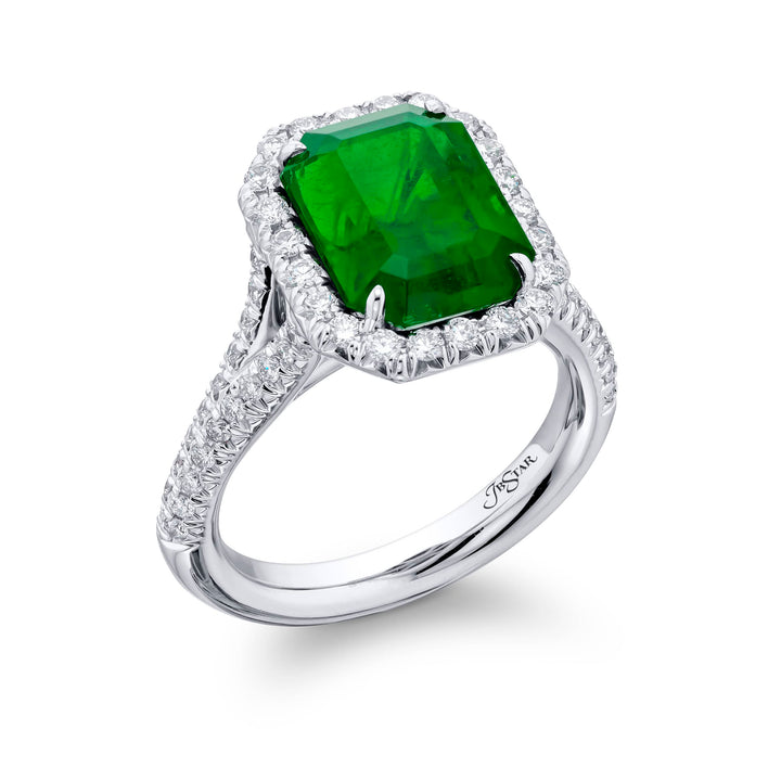 Platinum Emerald-Cut Emerald Certified Micro Pave Ring