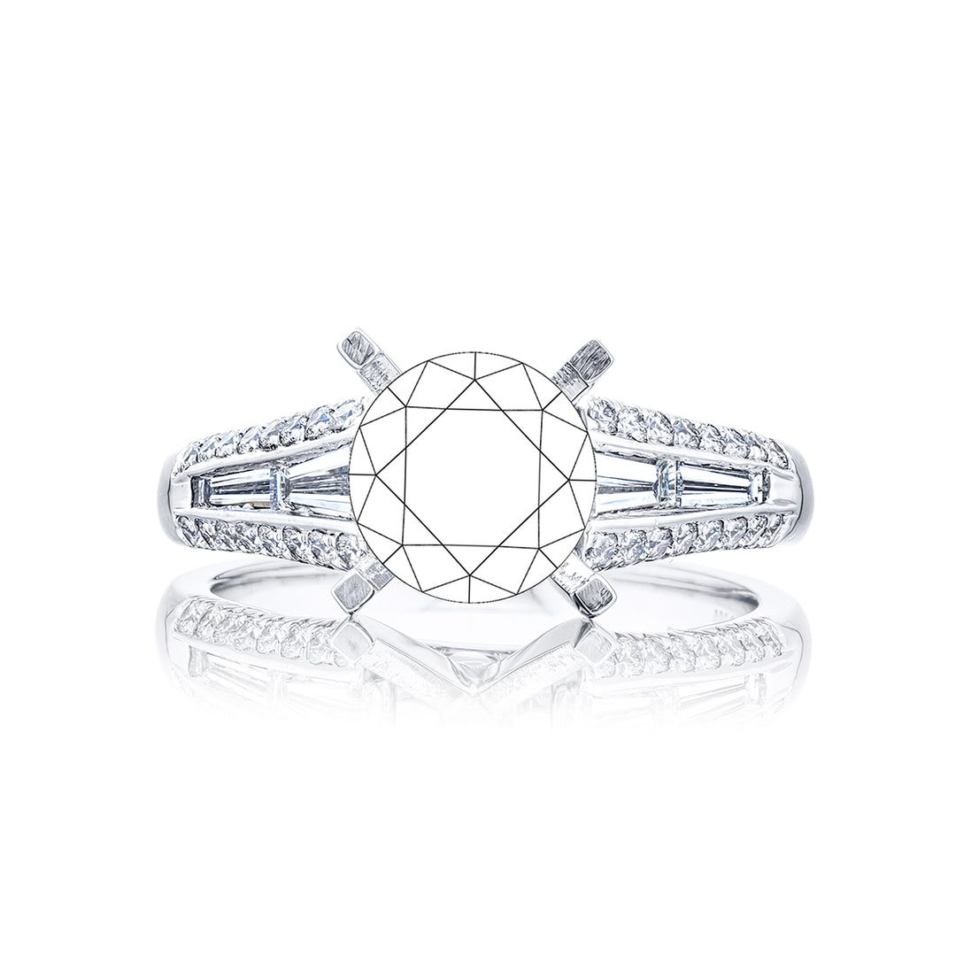 Dazzling Brilliance: Our stunning Channel Diamond Semi-mount. These four beautiful tapered baguette diamonds blended with micro pave diamonds are handcrafted in pure platinum.