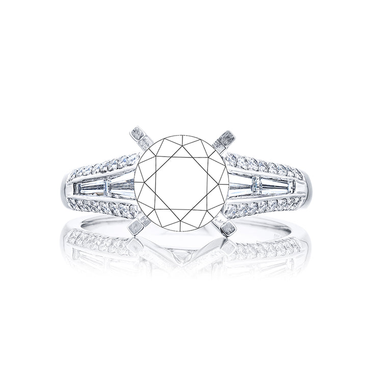 Dazzling Brilliance: Our stunning Channel Diamond Semi-mount. These four beautiful tapered baguette diamonds blended with micro pave diamonds are handcrafted in pure platinum.