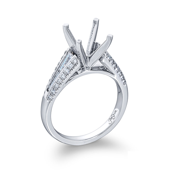 Dazzling Brilliance: Our stunning Channel Diamond Semi-mount. These four beautiful tapered baguette diamonds blended with micro pave diamonds are handcrafted in pure platinum.