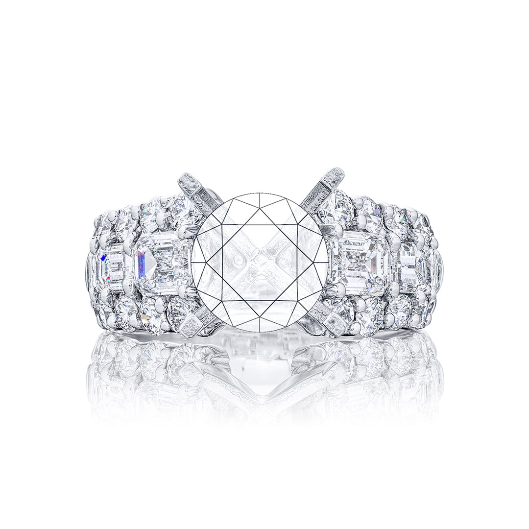 Dazzling Brilliance: Our timeless Three-Row Diamond Semi-mount. These stunning emerald-cut diamonds blended with round diamonds are handcrafted in pure platinum.