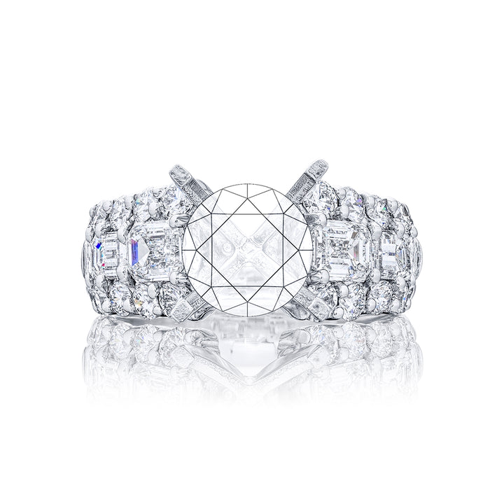 Dazzling Brilliance: Our timeless Three-Row Diamond Semi-mount. These stunning emerald-cut diamonds blended with round diamonds are handcrafted in pure platinum.