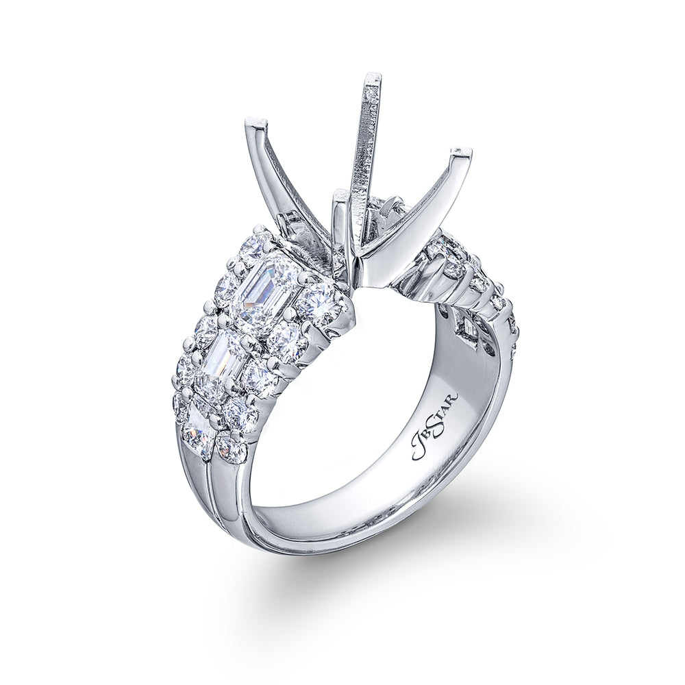Dazzling Brilliance: Our timeless Three-Row Diamond Semi-mount. These stunning emerald-cut diamonds blended with round diamonds are handcrafted in pure platinum.