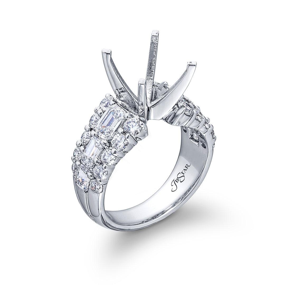 Dazzling Brilliance: Our timeless Three-Row Diamond Semi-mount. These stunning emerald-cut diamonds blended with round diamonds are handcrafted in pure platinum.