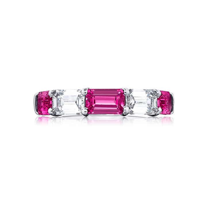 Elegance Elevated: Our classic Pink Sapphire and Diamond Band. These beautiful emerald-cut pink sapphires and diamonds are handcrafted in pure platinum.