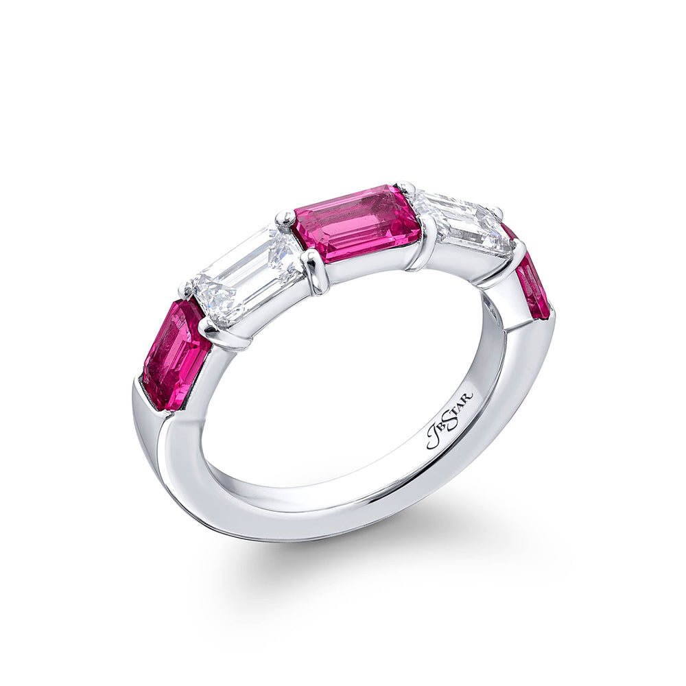 Elegance Elevated: Our classic Pink Sapphire and Diamond Band. These beautiful emerald-cut pink sapphires and diamonds are handcrafted in pure platinum.