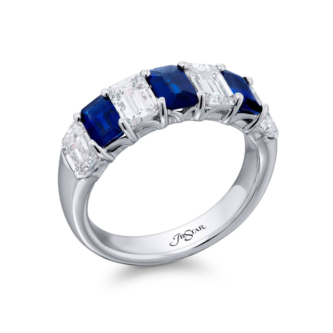 Platinum Emerald-Cut Sapphire and Diamond Band