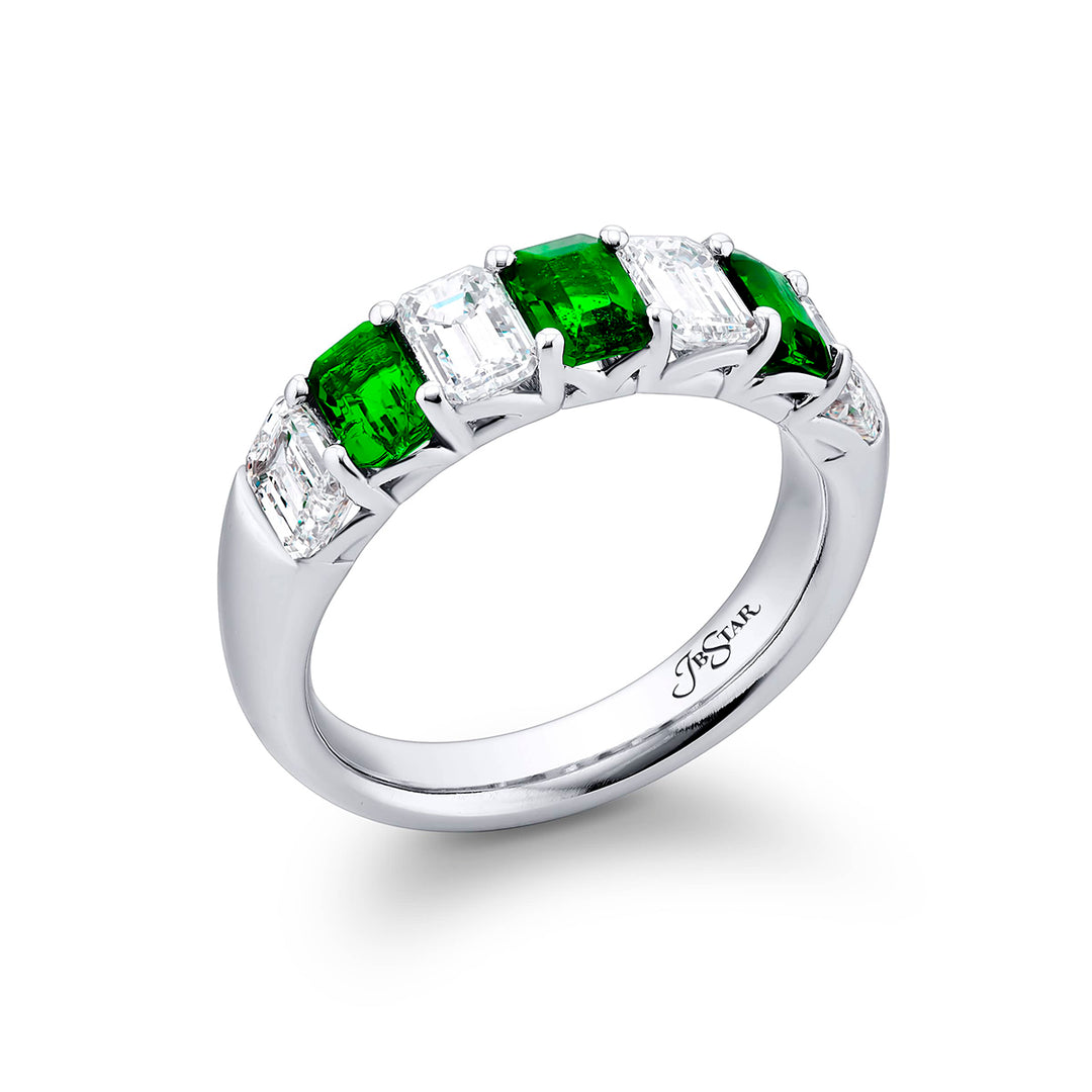 Elegance Elevated: Our classic single row Emerald Band. These beautiful emerald-cut emeralds blended with emerald-cut diamonds are handcrafted in pure platinum.